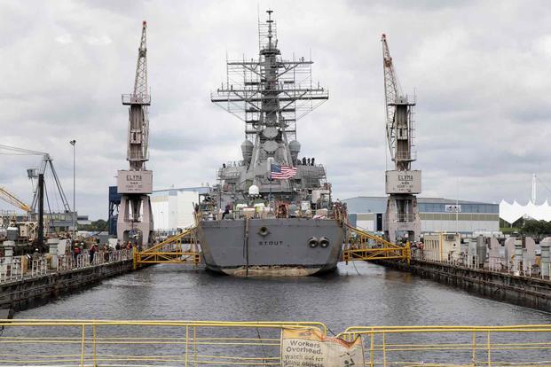 The guided-missile destroyer USS Stout prepares to drydock.