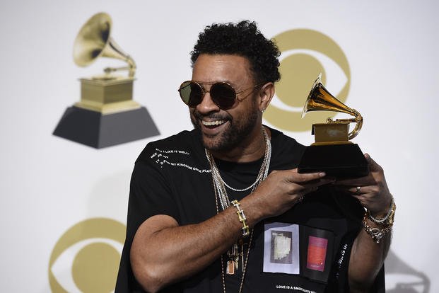 Shaggy poses with the award for best reggae album for ‘44/876’ at the 61st annual Grammy Awards at the Staples Center in Los Angeles in 2019. 