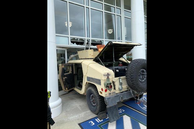 A Humvee was smashed into the headquarters of the 3rd Infantry Division at Fort Stewart