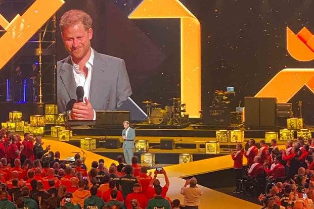 Prince Harry, duke of Sussex, addresses a crowd of 500 adaptive athletes at the opening of the Invictus Games in 2022 in The Hague.