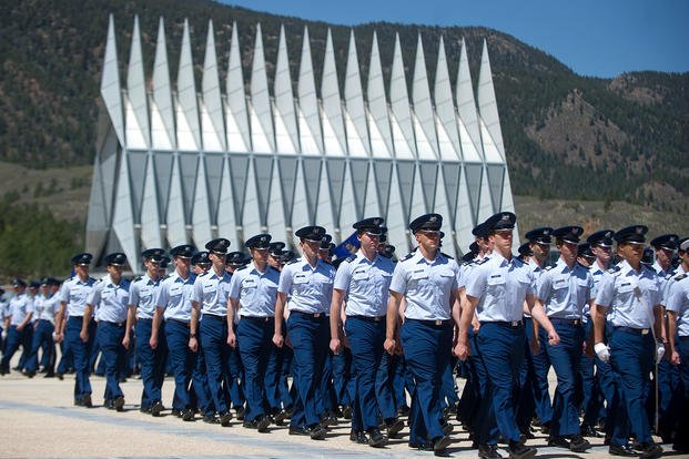 U.S. Air Force cadets march to lunch at the Air Force Academy in Colorado Springs, Colo.