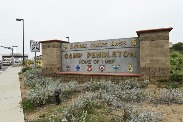Camp Pendleton Marine Corps Base sign outside the main gate of the base.