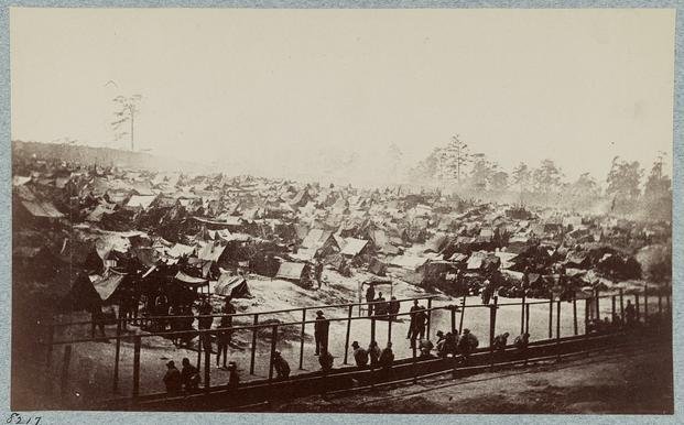 This is a southeast view of the stockade at Andersonville Prison in Georgia in August 1864. 