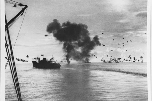 The USS President Jackson maneuvers under Japanese air attack during the Battle of Guadalcanal.