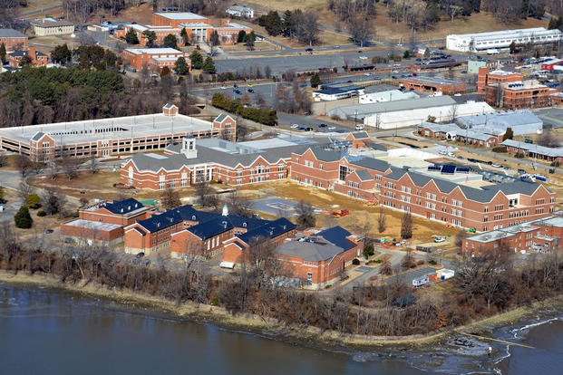 An aerial photo of Marine Corps University, situated near the Potomac River aboard Marine Corps Base Quantico.
