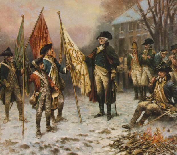 George Washington is shown at the Battle of Trenton during the American Revolution in this painting by Percy Moran. 
