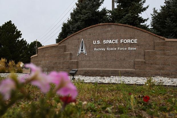 The Buckley Space Force Base sign is photographed July 7, 2021, shortly after a base renaming ceremony where the base entry sign was updated showcasing the new base name.