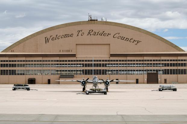 A B-25 Mitchell is displayed by the Pride Hangar at Ellsworth Air Force Base, S.D., April 18, 2019, as part of an event commemorating the 77th anniversary of the Doolittle Raid.