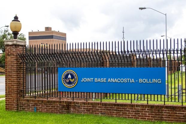 Sign at the entrance to Joint Base Anacostia-Bolling, a 1018 acre military installation, located in Southeast Washington.