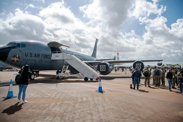 A U.S. Air Force KC-135 Stratotanker assigned to the 100th Air Refueling Wing is on display at the 2023 Royal International Air Tattoo at RAF Fairford, England, July 15, 2023.