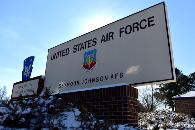 A welcome sign at the entrance to the base Jan. 4, 2018, at Seymour Johnson Air Force Base, North Carolina.