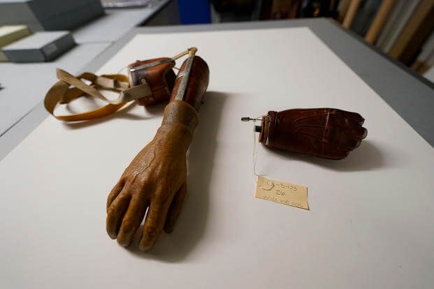 A prosthetic device for a wounded U.S. soldier, part of the new pavilion of the National World War II Museum