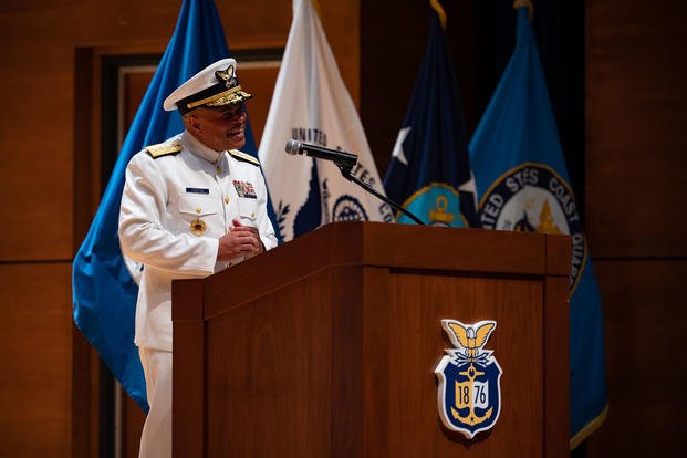 Coast Guard Rear Adm. Michael Johnston during a ceremony at the United States Coast Guard Academy