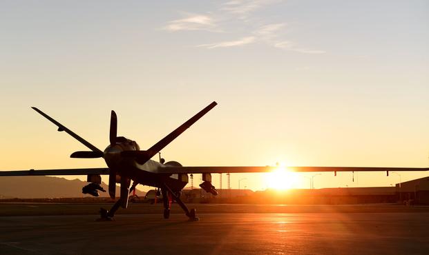 An MQ-9 Reaper sits on the flight line at Creech Air Force Base, Nevada, Dec. 17, 2019.