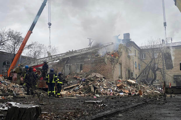 Building damaged by shelling, in Novogrodivka, Ukraine