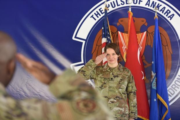 U.S. Air Force Lt. Col. Manuela Peters renders her first salute as the new commander of the 717th Air Base Squadron, at the Ankara Support Facility, Türkiye, July 17, 2023. 