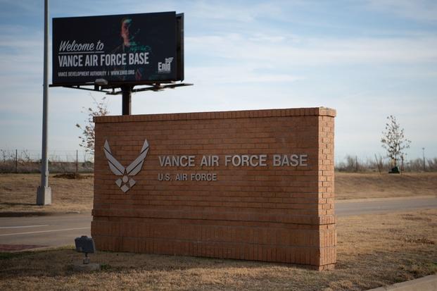 The Vance Air Force base sign directs personnel to the main entrance in Enid, Okla. Vance Air Force Base is home of the 71st Flying Training Wing. 