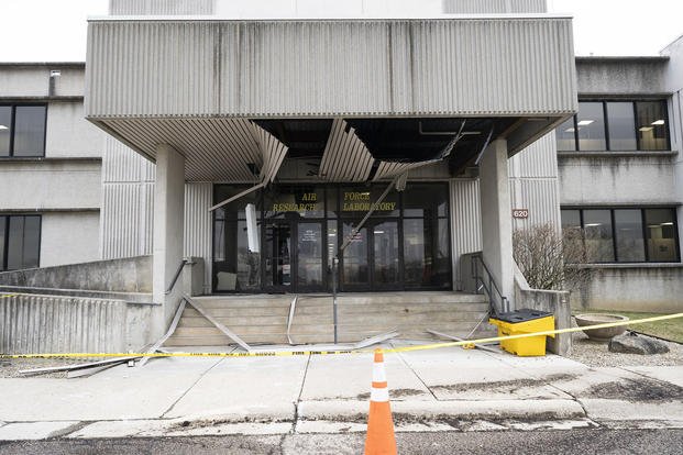 Several buildings in Wright-Patterson Air Force Base’s southwestern Area B were damaged by severe weather on Wednesday, Feb. 28, 2024, in Ohio.