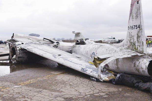No aircraft damaged by severe weather at Wright-Patterson Air Force Base, Ohio, on Wednesday, Feb. 28, 2024, was active in the Air Force’s fleet, according to an 88th Air Base Wing spokesman.