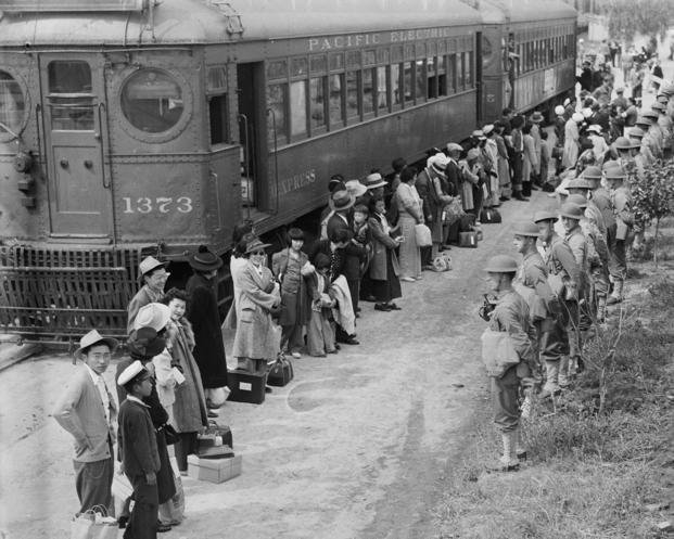 Japanese Americans arrive at the Santa Anita Assembly Center in Arcadia, California.