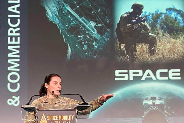 Space Force Brig. Gen. Kristin Panzenhagen gives the keynote speech at the Space Mobility Conference