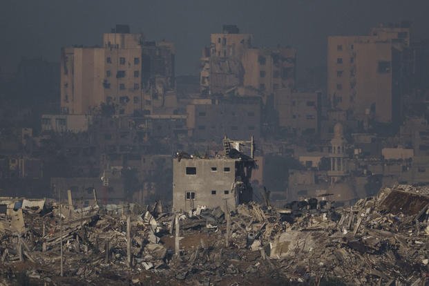 Destroyed buildings are seen in the Gaza Strip