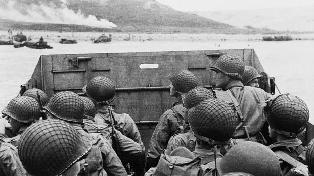 American assault troops approach Omaha Beach on D-Day on June 6, 1944.