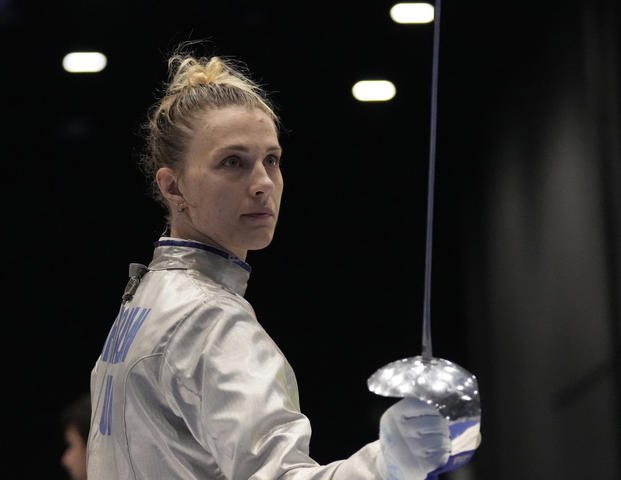 Olga Kharlan, of Ukraine, stands during the women's team sabre event against Uzbekistan at the Fencing World Championships