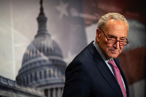 Senate Majority Leader Chuck Schumer (D-NY) looks on during a news conference