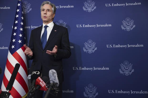 U.S. Secretary of State Antony Blinken speaks to media at the David Kempinski Hotel in Tel Aviv