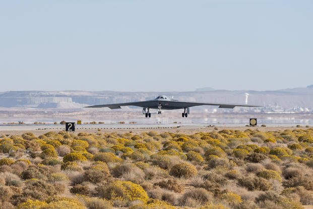 A B-21 Raider conducts flight testing