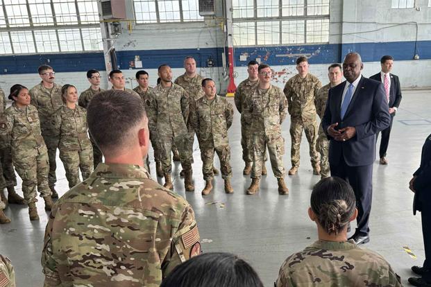 Secretary of Defense Lloyd Austin speaks to airmen at Maxwell Air Force Base