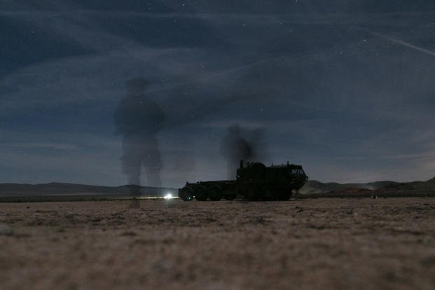 U.S. Army soldiers patrol through the night during Decisive Action Rotation 16-04 at the National Training Center in Fort Irwin, Calif.