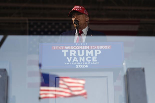 Republican presidential nominee former President Donald Trump speaks at a rally.