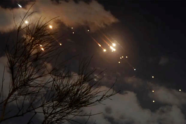 Projectiles being intercepted over Jerusalem, Israel