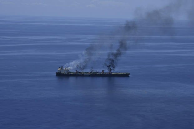 Fires burning aboard the oil tanker Sounion