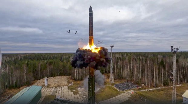 Yars intercontinental ballistic missile is test-fired as part of Russia's nuclear drills from a launch site in Plesetsk