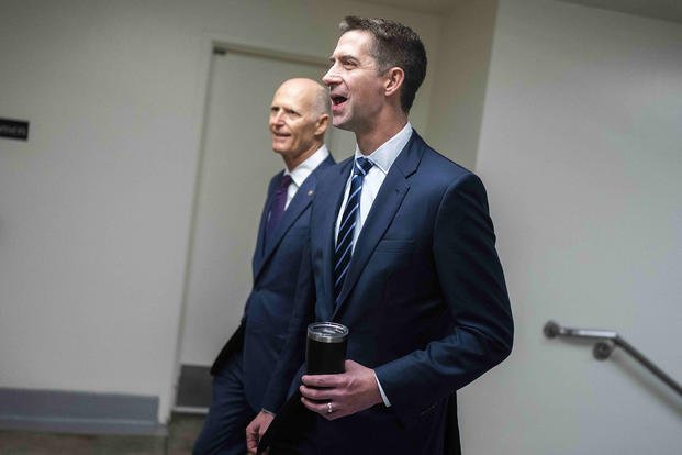 Sen. Rick Scott, R- Fla., left, introduced the bill on Chinese garlic, and Sen. Tom Cotton, R- Ark., right, offered the bill on seafood.