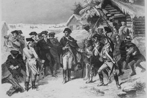 The Continental Army hunkered down at Valley Forge during the harsh winter of 1777-78.