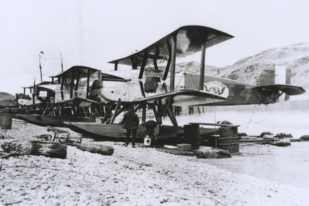 Three Douglas World Cruisers, including the New Orleans (foreground), are shown on a beach in Alaska in 1924. 