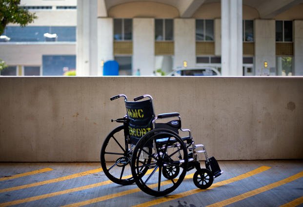 A wheelchair sits outside the Atlanta VA Medical Center