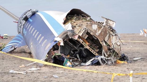 Wreckage of Azerbaijan Airlines Embraer 190 near the airport of Aktau