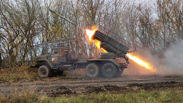 "Grad" self-propelled rocket launcher fires toward Ukrainian position