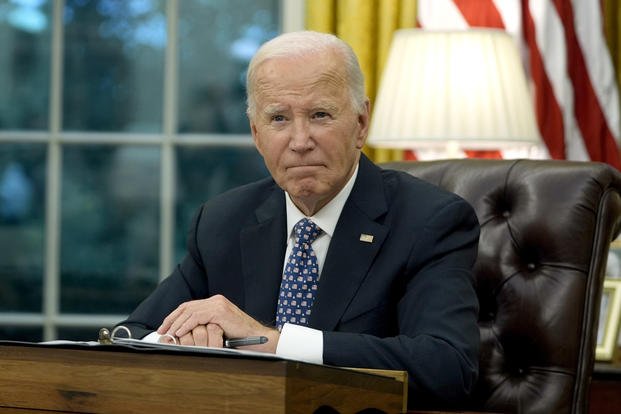 President Joe Biden speaks from the Oval Office of the White House