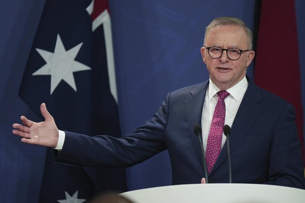 Australian Prime Minister Anthony Albanese gestures during a press conference