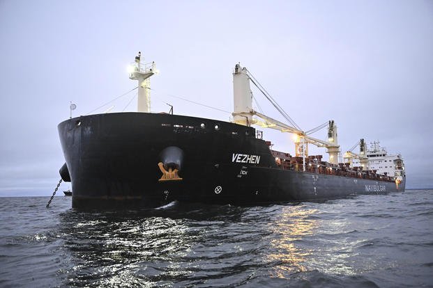 The cargo ship Vezhen is anchored outside Karlskrona, Sweden