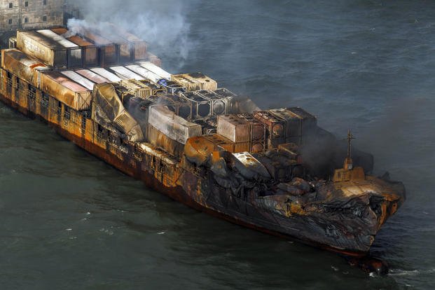 Smoke billows from the MV Solong cargo ship in the North Sea, off the Yorkshire coast