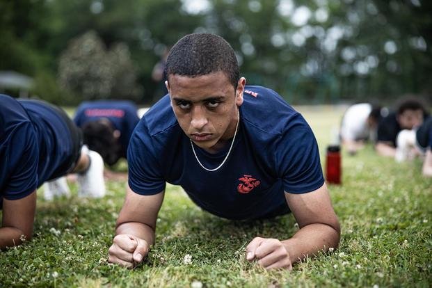 Poolees with U.S. Marine Corps Recruiting Station Raleigh in North Carolina participate in an initial strength test (IST) during a state-side pool function on May 13, 2023. 
