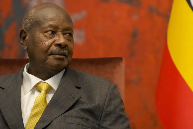 Uganda's president, Yoweri Museveni, speaks at the Serbia Palace in Belgrade, Serbia.