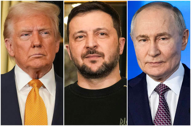 Donald Trump, Volodymyr Zelenskyy and Vladimir Putin